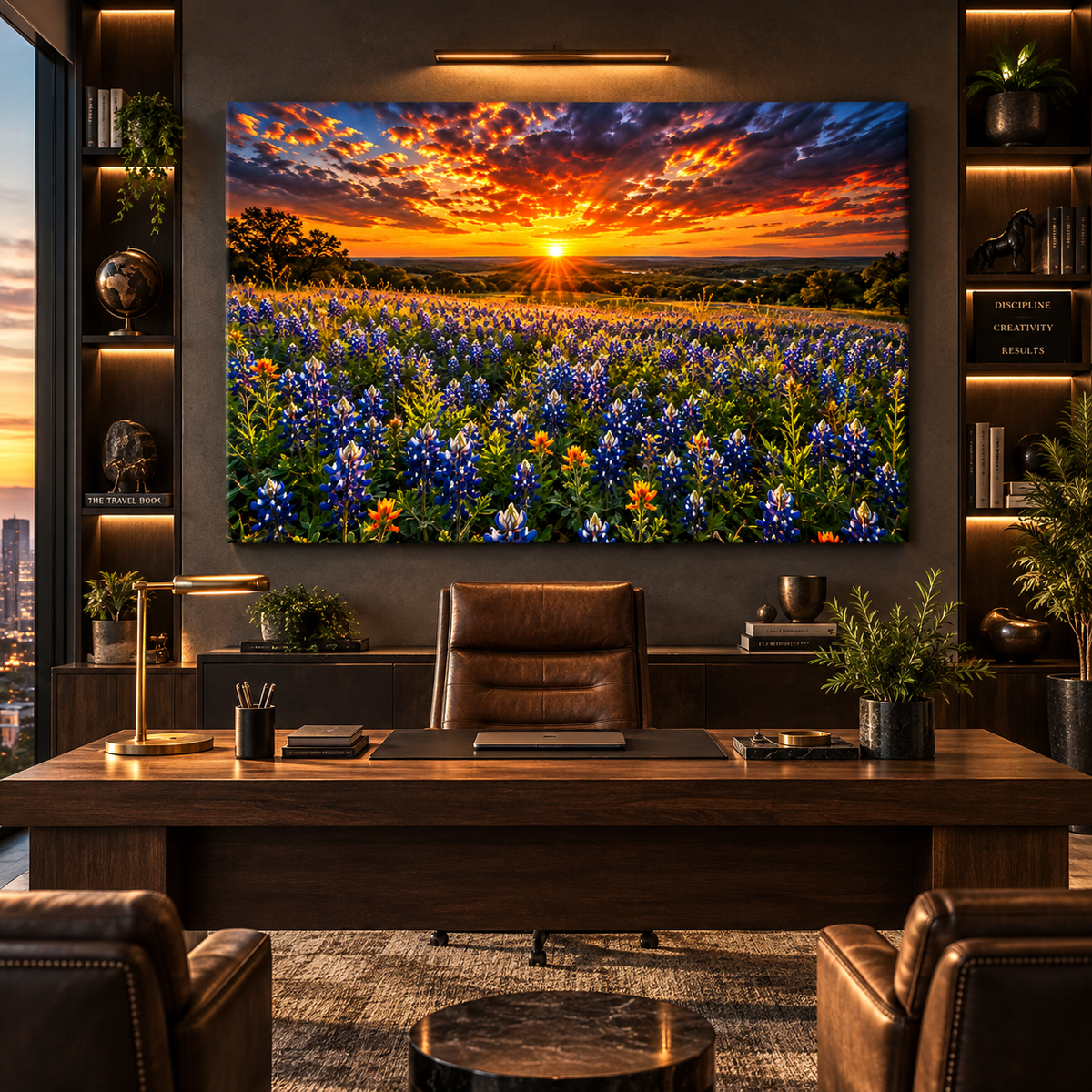 Texas Bluebonnet Field at Sunset Wrapped Canvas Wall Art – Golden Hill Country Wildflower Landscape