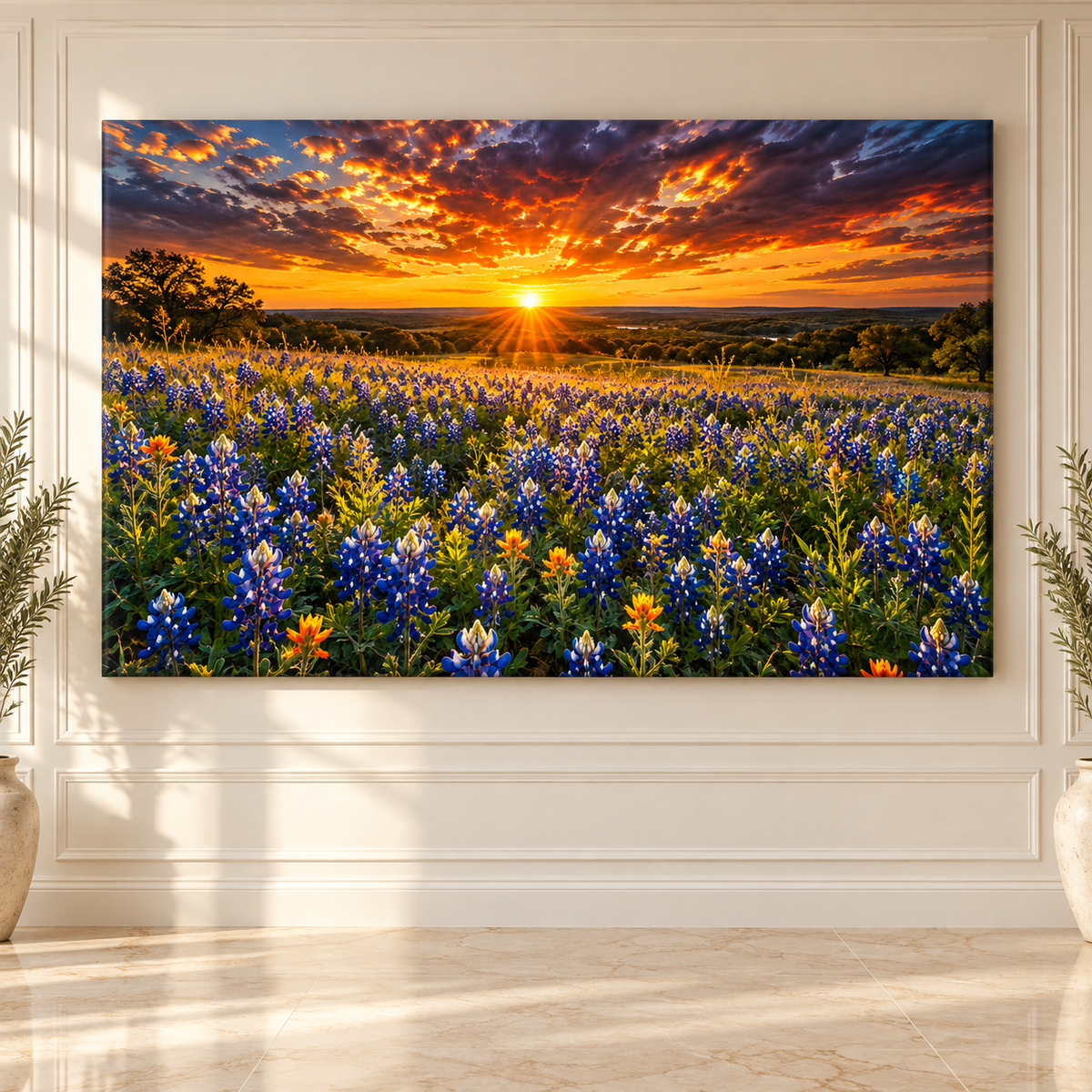 Texas Bluebonnet Field at Sunset Wrapped Canvas Wall Art – Golden Hill Country Wildflower Landscape