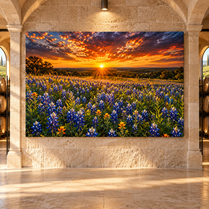 Texas Bluebonnet Field at Sunset Wrapped Canvas Wall Art – Golden Hill Country Wildflower Landscape