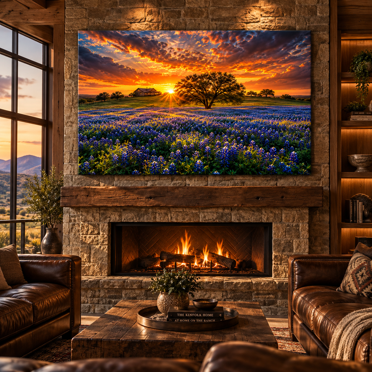 Texas Bluebonnet Ranch at Sunset Wrapped Canvas Wall Art – Hill Country Oak Tree & Farmhouse Landscape
