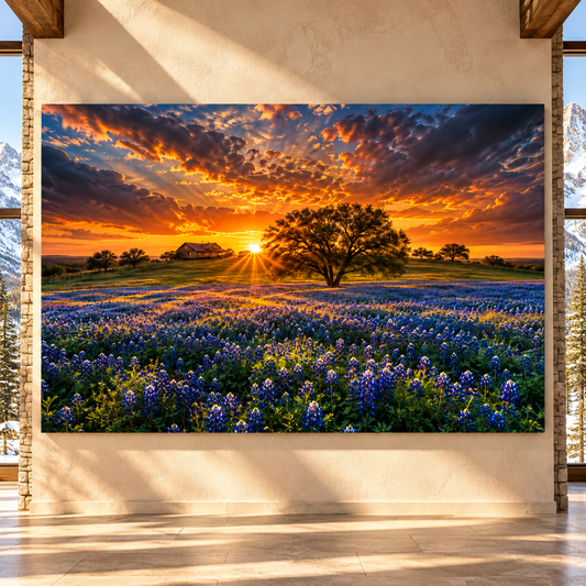 Texas Bluebonnet Ranch at Sunset Wrapped Canvas Wall Art – Hill Country Oak Tree & Farmhouse Landscape - ART OF ROYALS