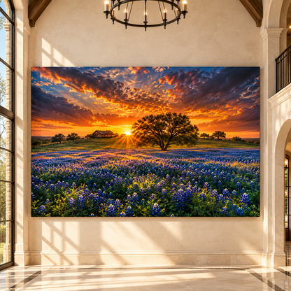 Texas Bluebonnet Ranch at Sunset Wrapped Canvas Wall Art – Hill Country Oak Tree & Farmhouse Landscape