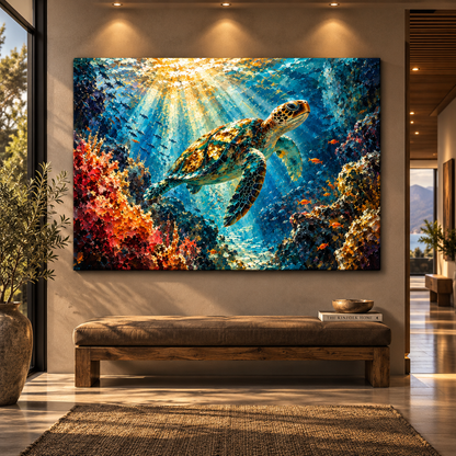 Green Sea Turtle Coral Reef Wrapped Canvas Wall Art – Colorful Underwater Ocean Wildlife Painting - ART OF ROYALS