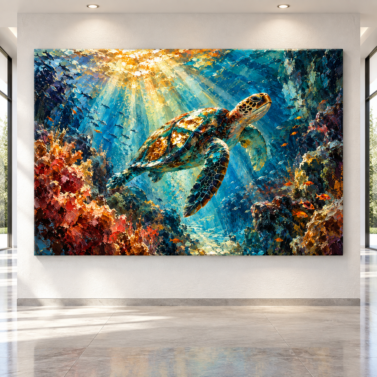Green Sea Turtle Coral Reef Wrapped Canvas Wall Art – Colorful Underwater Ocean Wildlife Painting - ART OF ROYALS