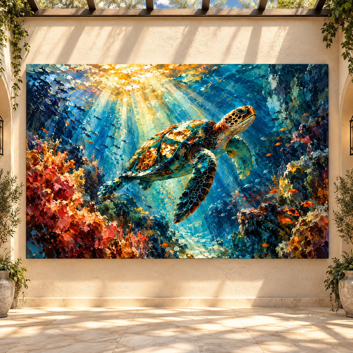 Green Sea Turtle Coral Reef Wrapped Canvas Wall Art – Colorful Underwater Ocean Wildlife Painting - ART OF ROYALS