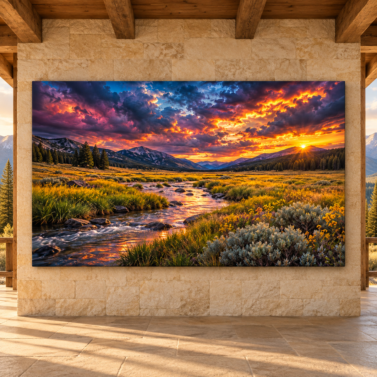 Rocky Mountain Valley Sunset Wrapped Canvas Wall Art – Golden Meadow & Mountain Stream Landscape