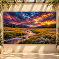 Rocky Mountain Valley Sunset Wrapped Canvas Wall Art – Golden Meadow & Mountain Stream Landscape