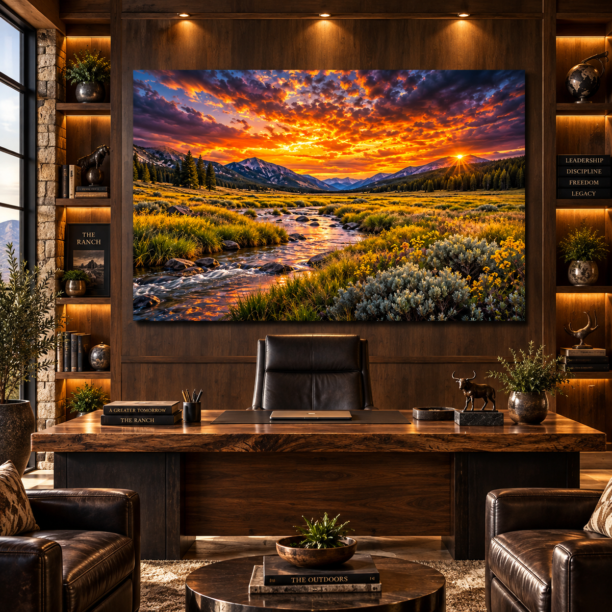 Rocky Mountain Valley Sunset Wrapped Canvas Wall Art – Golden Meadow & Mountain Stream Landscape