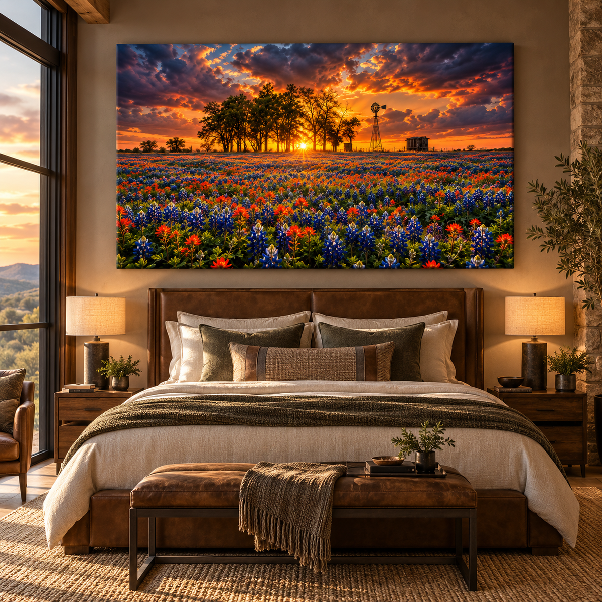 Texas Bluebonnet & Indian Paintbrush Field at Sunset Wrapped Canvas Wall Art – Windmill Ranch Landscape