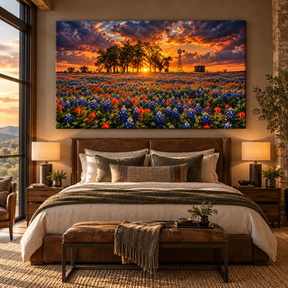 Texas Bluebonnet & Indian Paintbrush Field at Sunset Wrapped Canvas Wall Art – Windmill Ranch Landscape