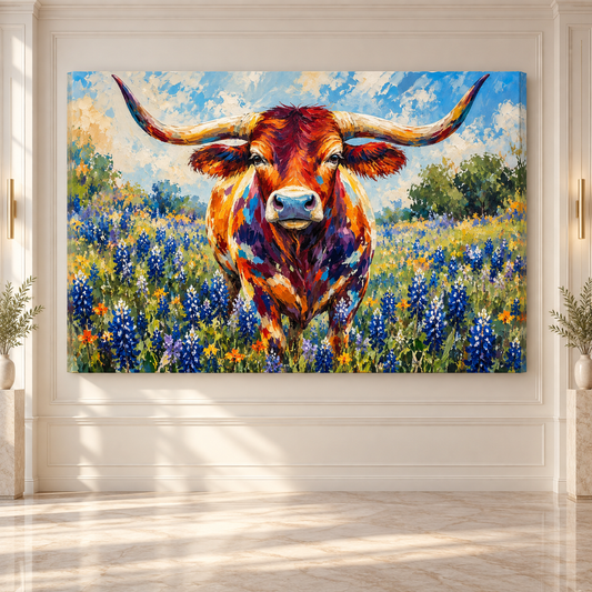 Texas Longhorn in Bluebonnet Field Wrapped Canvas Wall Art – Colorful Western Cattle Painting - ART OF ROYALS