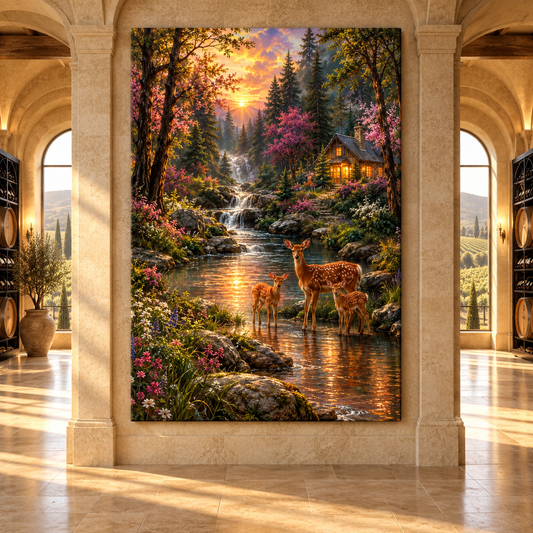 Whitetail Doe & Twin Fawns by Mountain Stream Wrapped Canvas Wall Art – Sunset Cabin Wildlife Painting - ART OF ROYALS