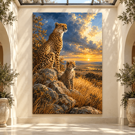 Cheetah Mother & Cub at Sunset Wrapped Canvas Wall Art – African Savanna Wildlife Painting - ART OF ROYALS