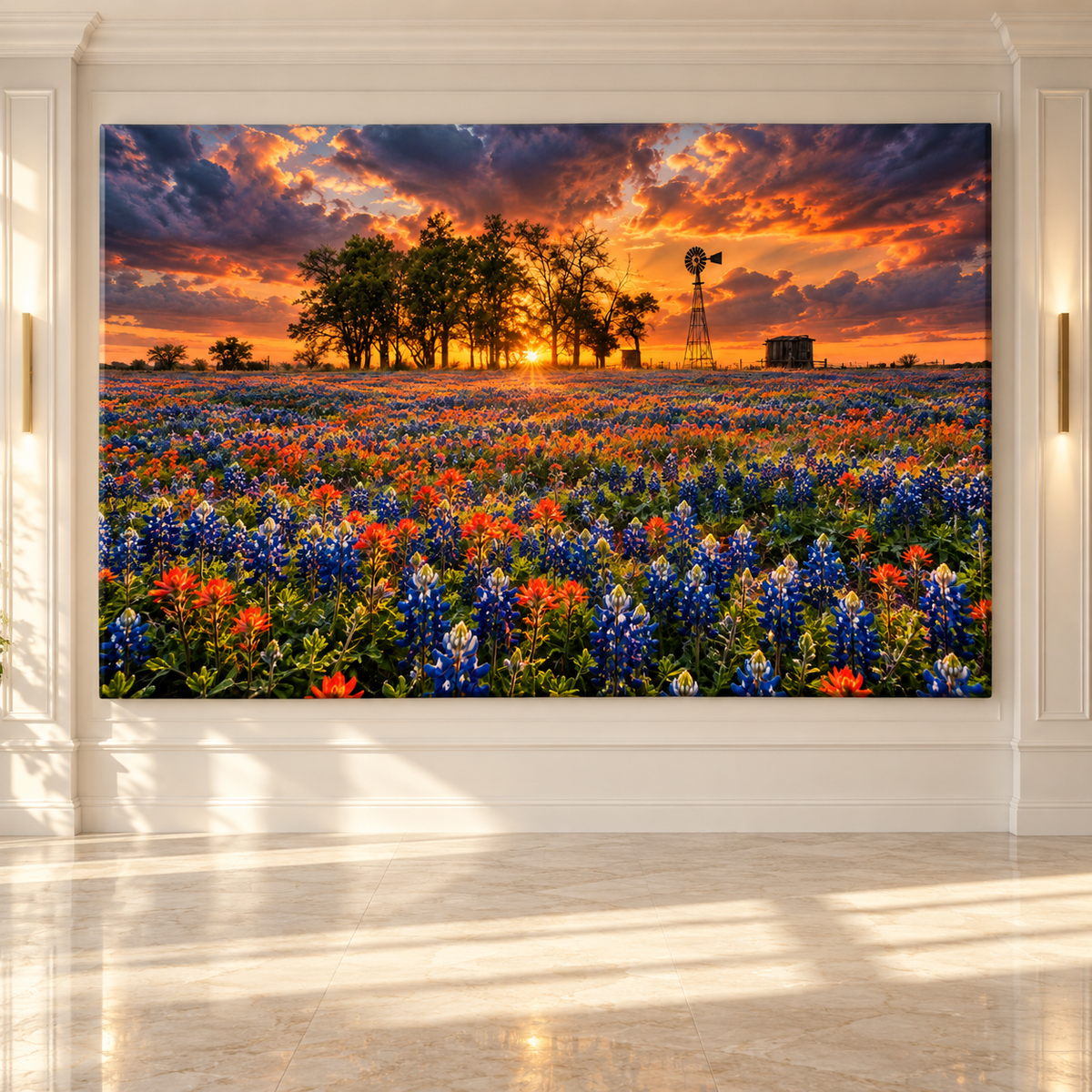 Texas Bluebonnet & Indian Paintbrush Field at Sunset Wrapped Canvas Wall Art – Windmill Ranch Landscape