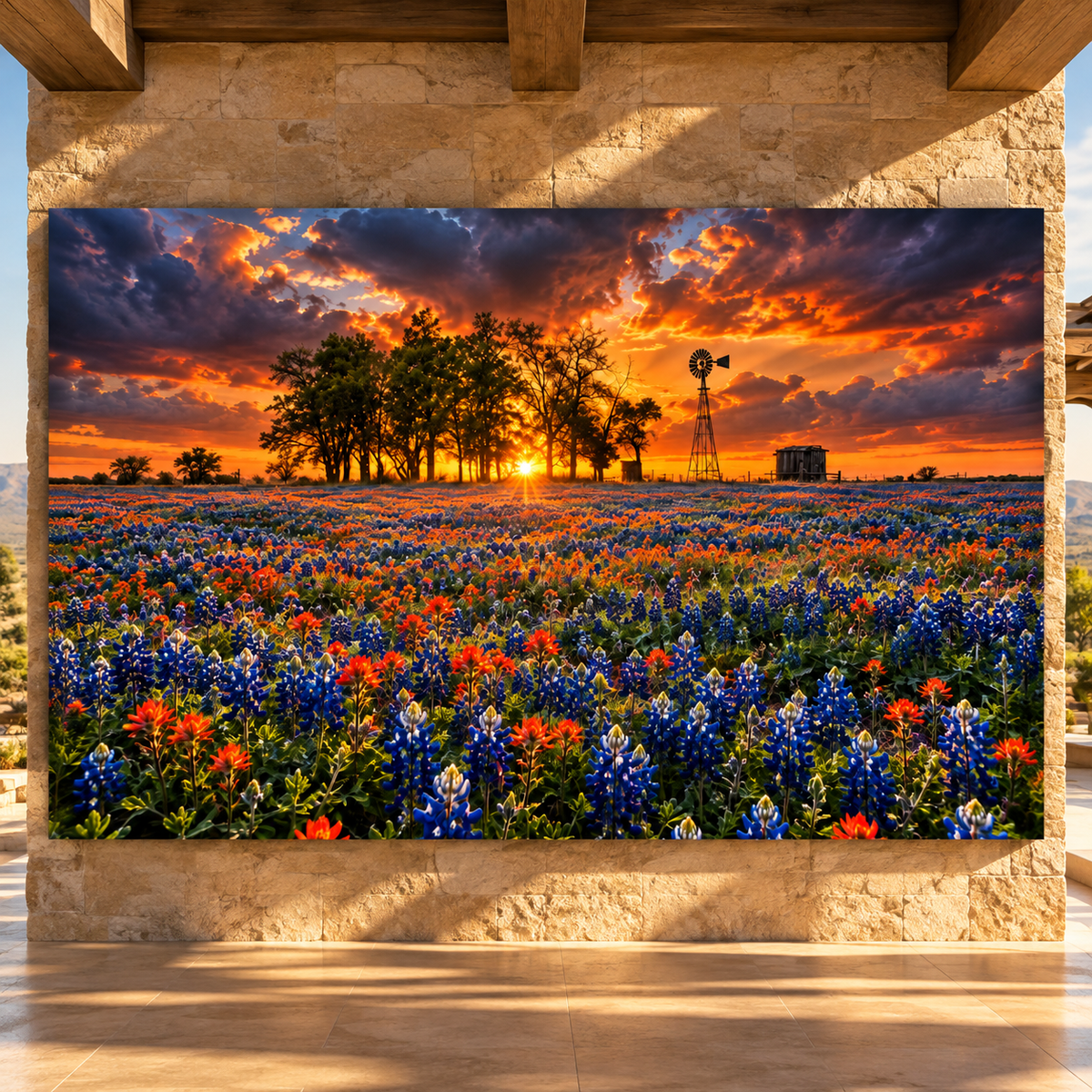 Texas Bluebonnet & Indian Paintbrush Field at Sunset Wrapped Canvas Wall Art – Windmill Ranch Landscape