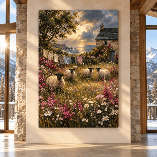 Blackface Sheep by Coastal Cottage Wrapped Canvas Wall Art – Wildflower Farm & Seaside Landscape - ART OF ROYALS