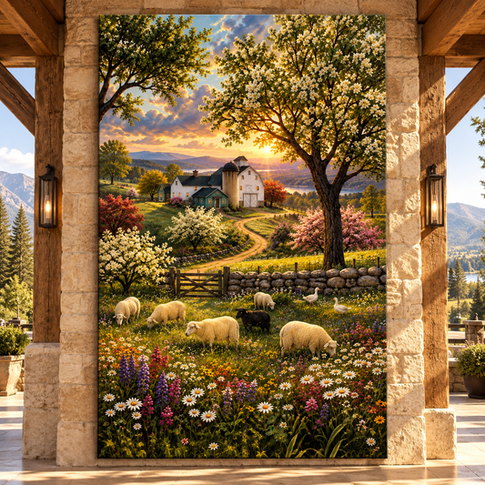 Sheep Meadow Farm at Sunset Wrapped Canvas Wall Art – Spring Farmhouse & Wildflower Landscape - ART OF ROYALS