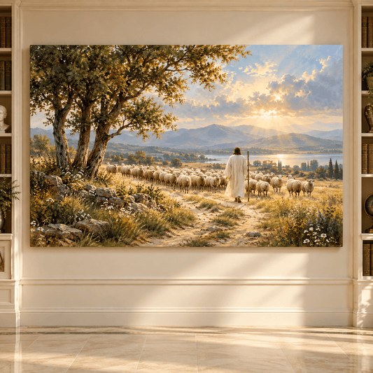 Good Shepherd with Flock Wrapped Canvas Wall Art – Biblical Pastoral Landscape at Sunrise - ART OF ROYALS