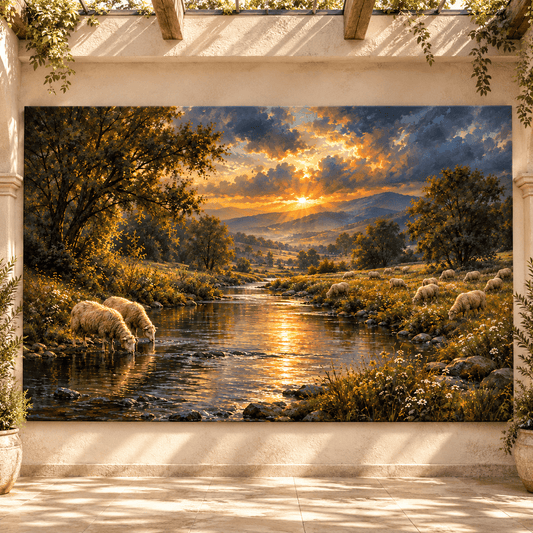 Sheep Grazing by Mountain Stream at Sunset Wrapped Canvas Wall Art – Peaceful Pastoral Landscape - ART OF ROYALS