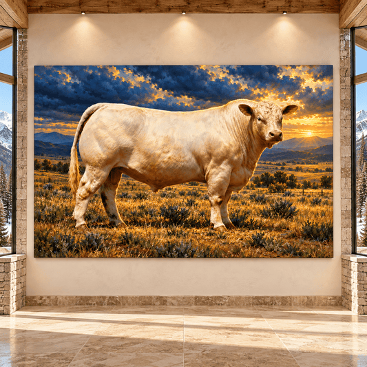 Charolais Bull at Sunset Wrapped Canvas Wall Art – Western Cattle Ranch Landscape Painting - ART OF ROYALS