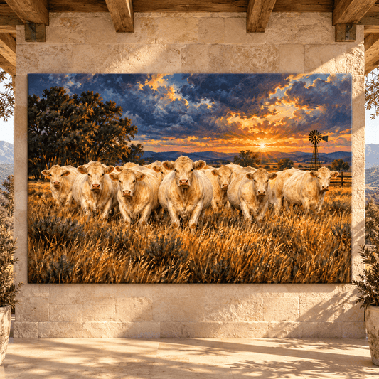 Charolais Cattle Herd at Sunset Wrapped Canvas Wall Art – White Cow Ranch Landscape Painting - ART OF ROYALS