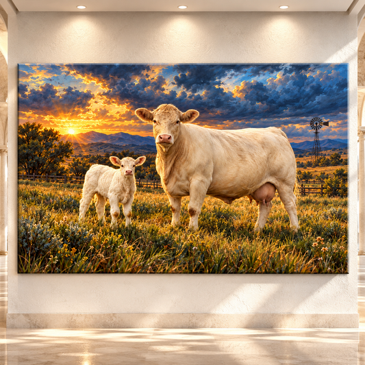 Charolais Cow & Calf at Sunset Wrapped Canvas Wall Art – Western Cattle Ranch Landscape - ART OF ROYALS
