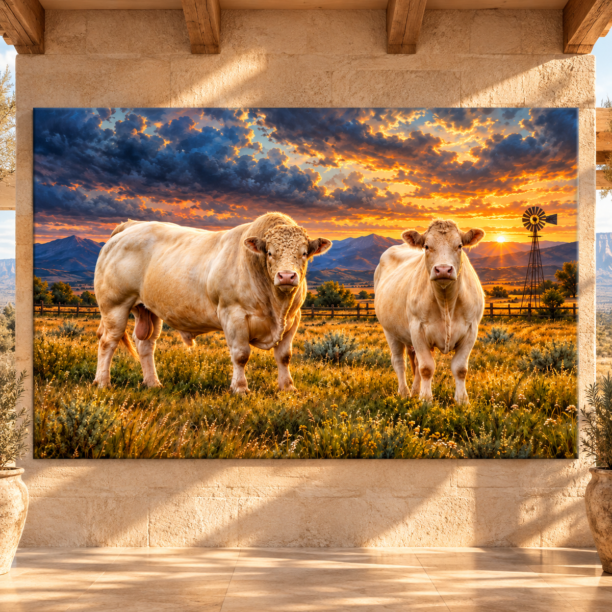 Charolais Bull & Cow at Sunset Wrapped Canvas Wall Art – White Cattle Ranch Landscape