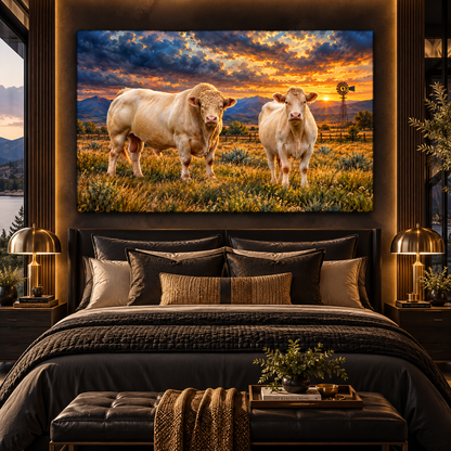 Charolais Bull & Cow at Sunset Wrapped Canvas Wall Art – White Cattle Ranch Landscape