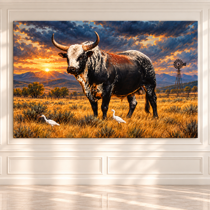 Speckle Park Bull at Sunset Wrapped Canvas Wall Art – Western Cattle Ranch Landscape