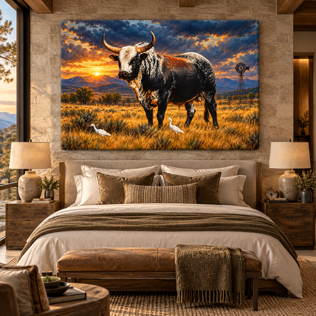 Speckle Park Bull at Sunset Wrapped Canvas Wall Art – Western Cattle Ranch Landscape