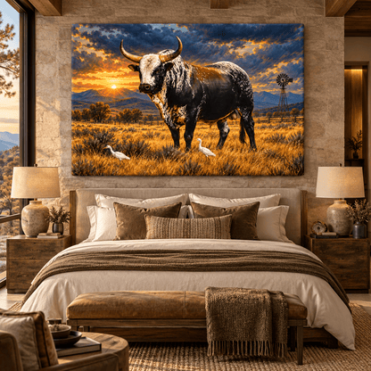 Speckle Park Bull at Sunset Wrapped Canvas Wall Art – Western Cattle Ranch Landscape