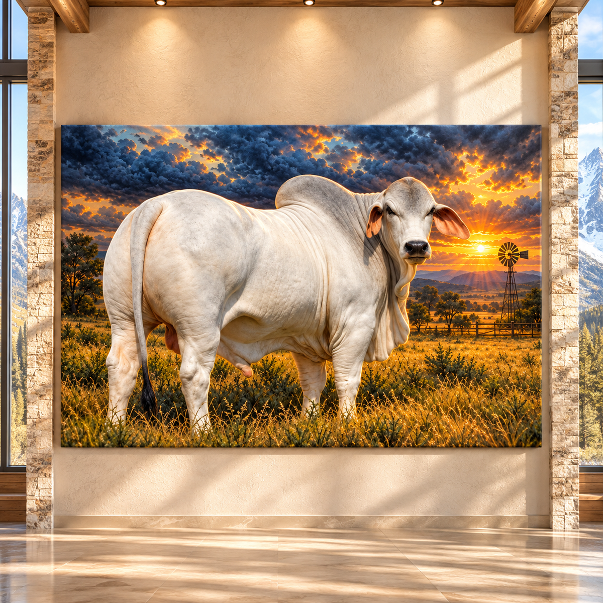 Brahman Bull at Sunset Wrapped Canvas Wall Art – White Cattle Western Ranch Landscape