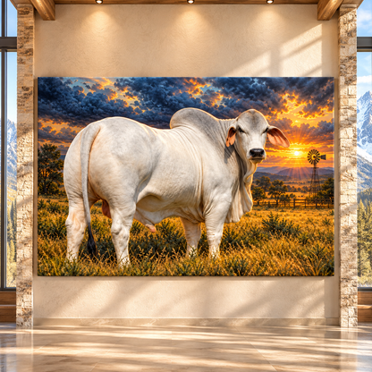 Brahman Bull at Sunset Wrapped Canvas Wall Art – White Cattle Western Ranch Landscape