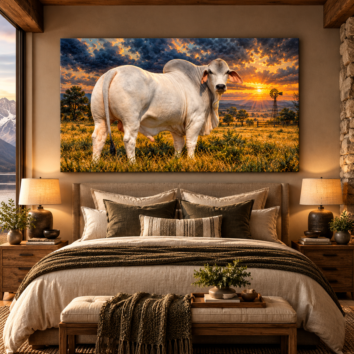 Brahman Bull at Sunset Wrapped Canvas Wall Art – White Cattle Western Ranch Landscape