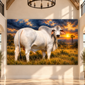 Brahman Bull at Sunset Wrapped Canvas Wall Art – White Cattle Western Ranch Landscape