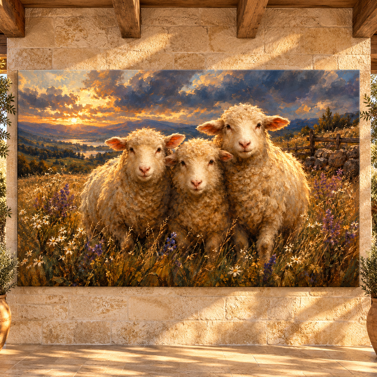 Merino Sheep Trio at Sunset Wrapped Canvas Wall Art – Mountain Farm & Wildflower Landscape