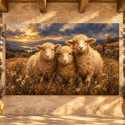Merino Sheep Trio at Sunset Wrapped Canvas Wall Art – Mountain Farm & Wildflower Landscape