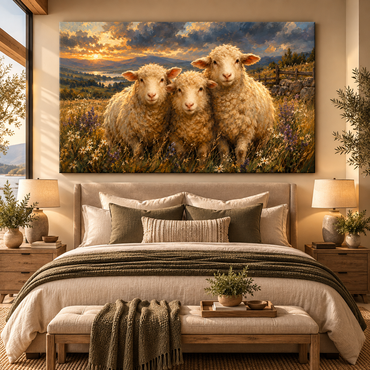 Merino Sheep Trio at Sunset Wrapped Canvas Wall Art – Mountain Farm & Wildflower Landscape
