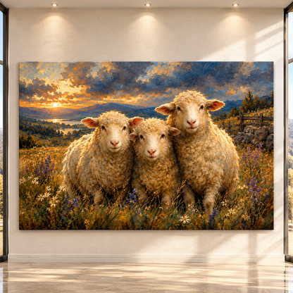 Merino Sheep Trio at Sunset Wrapped Canvas Wall Art – Mountain Farm & Wildflower Landscape