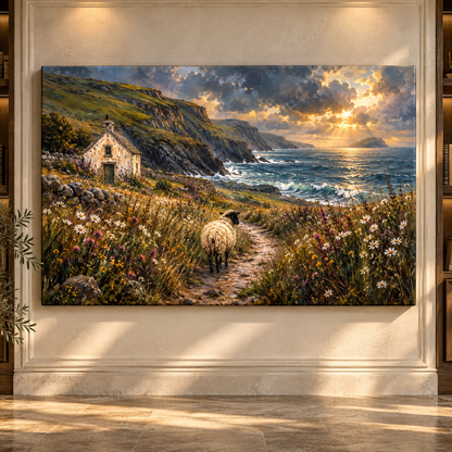 Blackface Sheep by Coastal Cottage Wrapped Canvas Wall Art – Wildflower Seaside Landscape