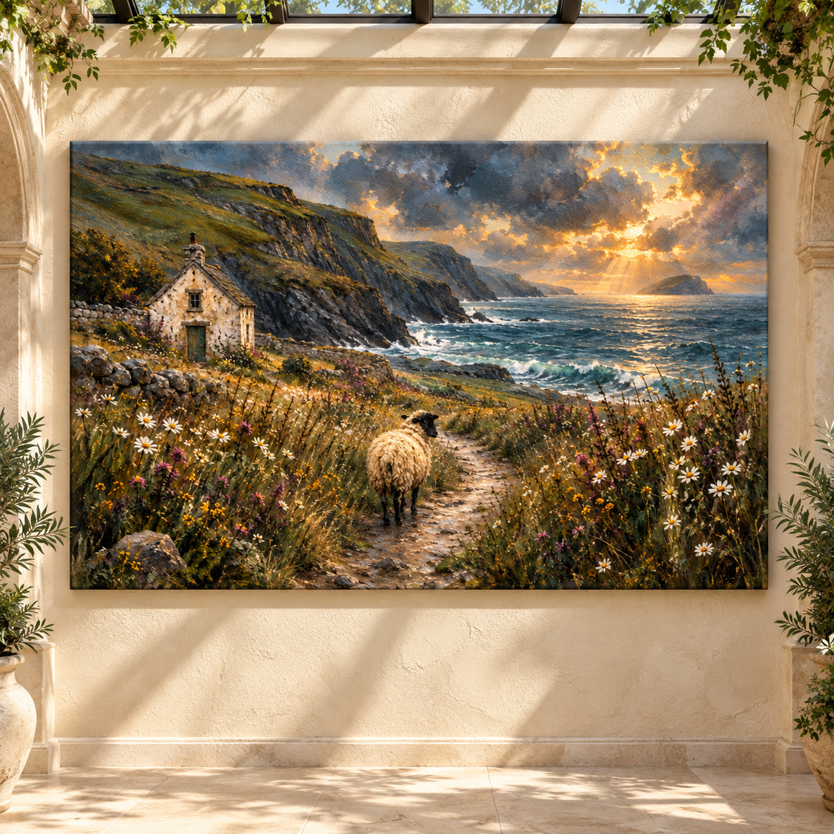 Blackface Sheep by Coastal Cottage Wrapped Canvas Wall Art – Wildflower Seaside Landscape