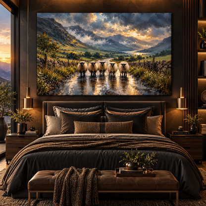 Swaledale Sheep Flock on Mountain Road Wrapped Canvas Wall Art – Rustic Countryside Landscape