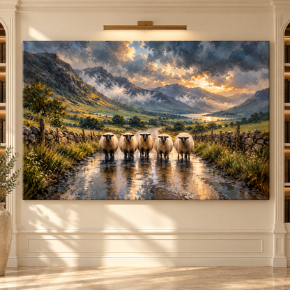 Swaledale Sheep Flock on Mountain Road Wrapped Canvas Wall Art – Rustic Countryside Landscape