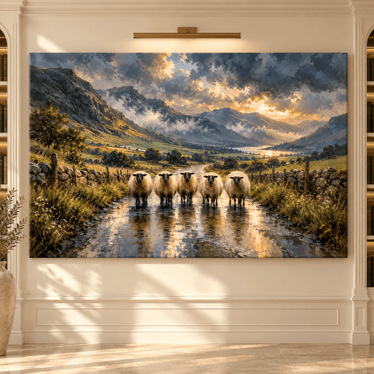 Swaledale Sheep Flock on Mountain Road Wrapped Canvas Wall Art – Rustic Countryside Landscape - ART OF ROYALS