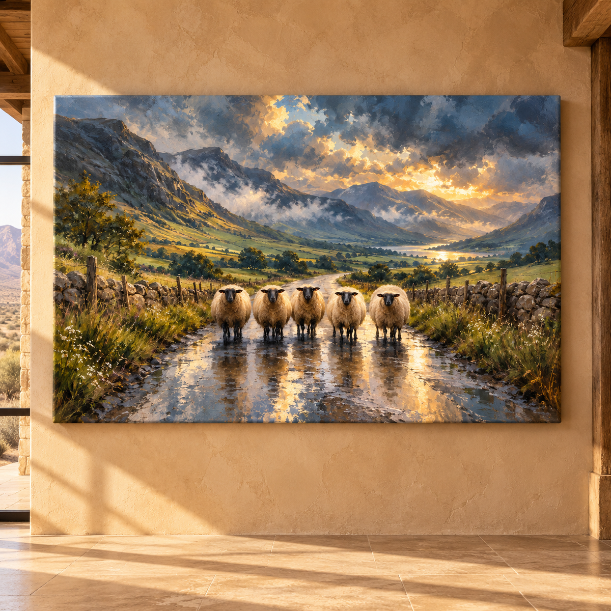 Swaledale Sheep Flock on Mountain Road Wrapped Canvas Wall Art – Rustic Countryside Landscape