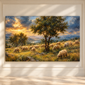 Merino Sheep Flock at Golden Sunset Wrapped Canvas Wall Art – Mountain Pasture Landscape