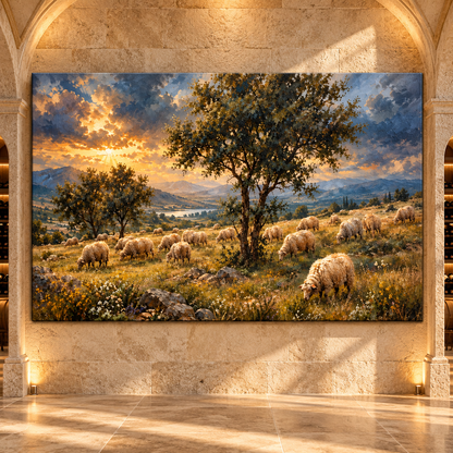 Merino Sheep Flock at Golden Sunset Wrapped Canvas Wall Art – Mountain Pasture Landscape