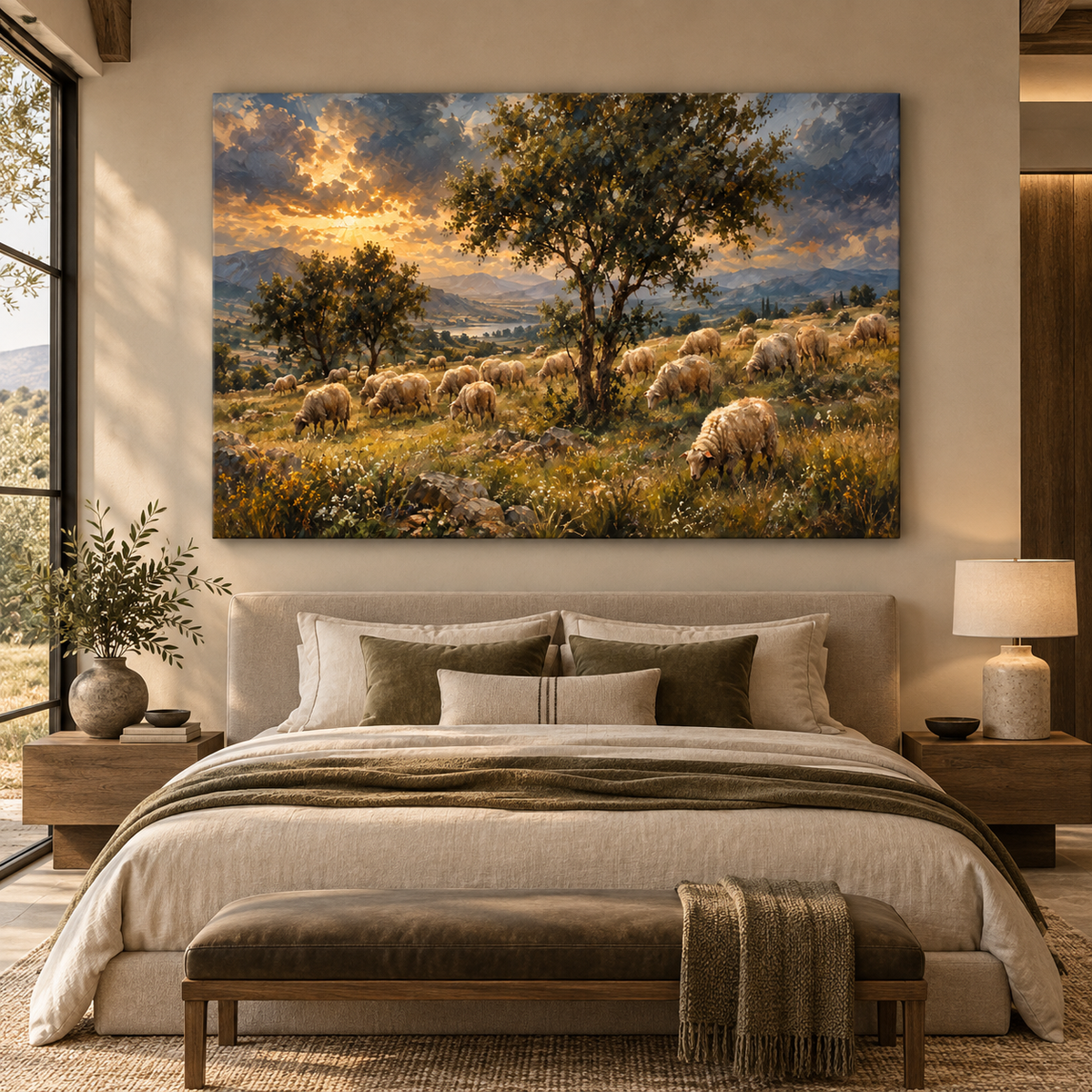 Merino Sheep Flock at Golden Sunset Wrapped Canvas Wall Art – Mountain Pasture Landscape