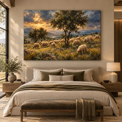 Merino Sheep Flock at Golden Sunset Wrapped Canvas Wall Art – Mountain Pasture Landscape