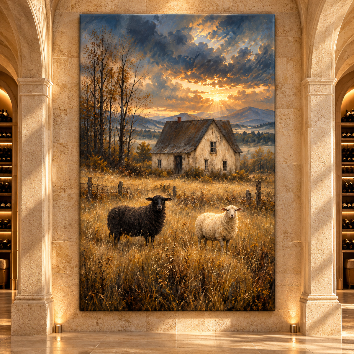 Black & White Sheep by Old Farmhouse Wrapped Canvas Wall Art – Rustic Mountain Pasture Landscape